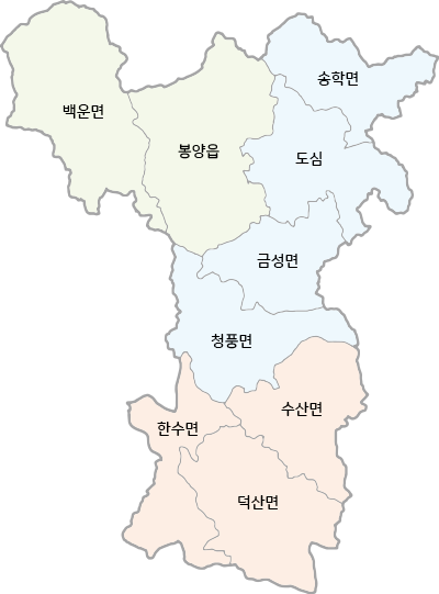 제천시 지도 백운면 봉양읍 도심 송학면 금성면 청풍면 수산면 한수면 덕산면 을 나타내는 지도